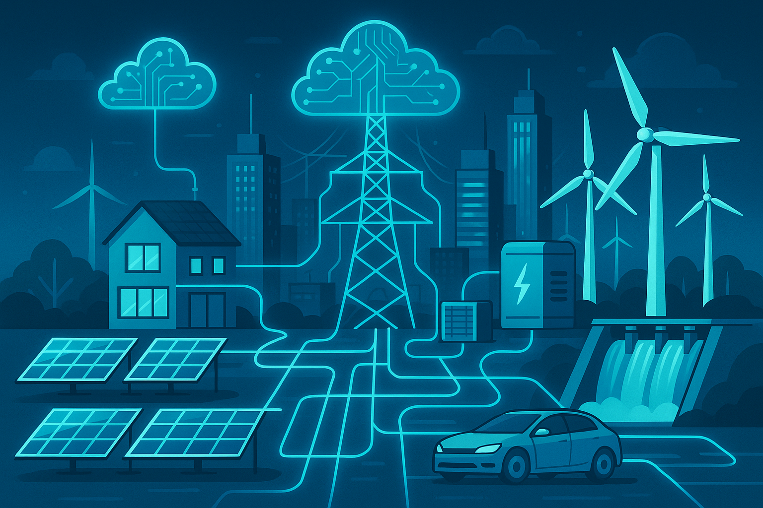 Smart grid technology connecting solar panels, wind turbines, and smart meters in a modern electricity network