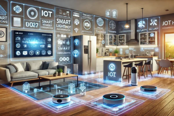 Smart home gadgets including smart speaker, smart lights, and security camera in a modern living room