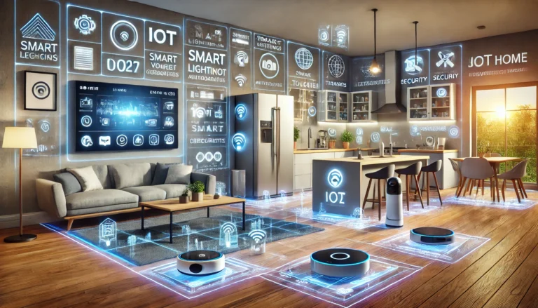 Smart home gadgets including smart speaker, smart lights, and security camera in a modern living room