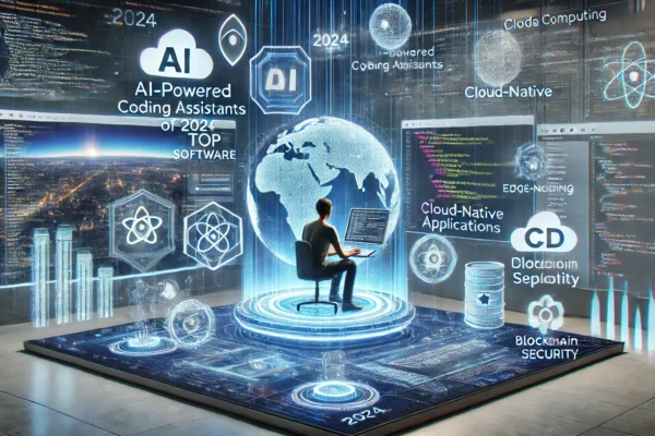 Top software development trends in 2024 including AI, cloud-native, DevOps, and blockchain