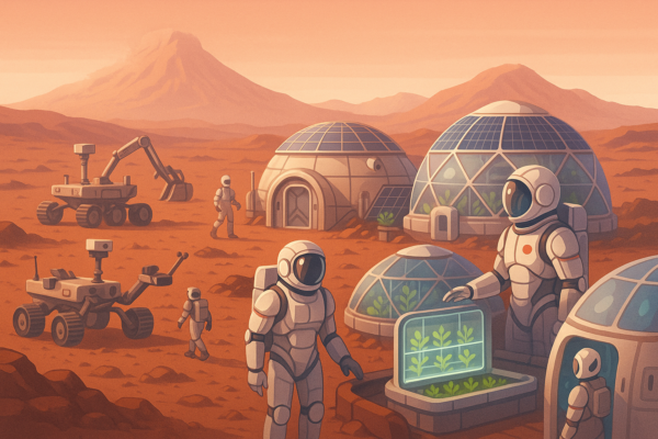 Space engineering concept showing a Mars habitat with solar panels and rovers on the Martian surface