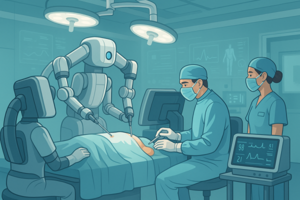 Robotic surgical system being used by a surgeon in a modern hospital operation theatre
