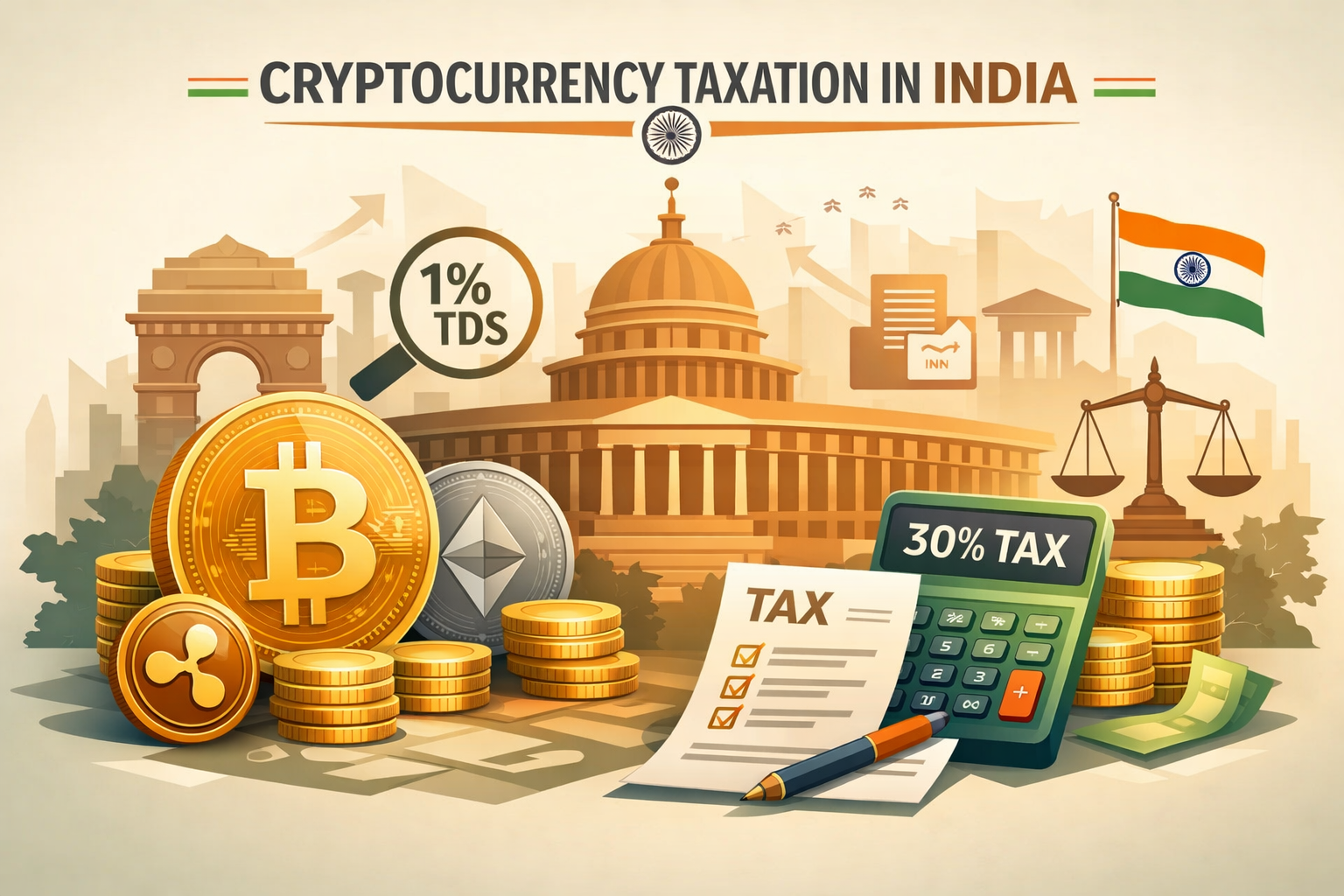 Crypto taxation in India showing 30% tax and 1% TDS rules for Bitcoin and Virtual Digital Assets