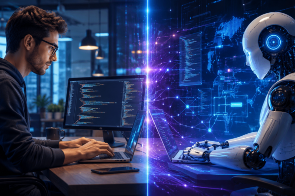 Human developer and AI developer working together on software code