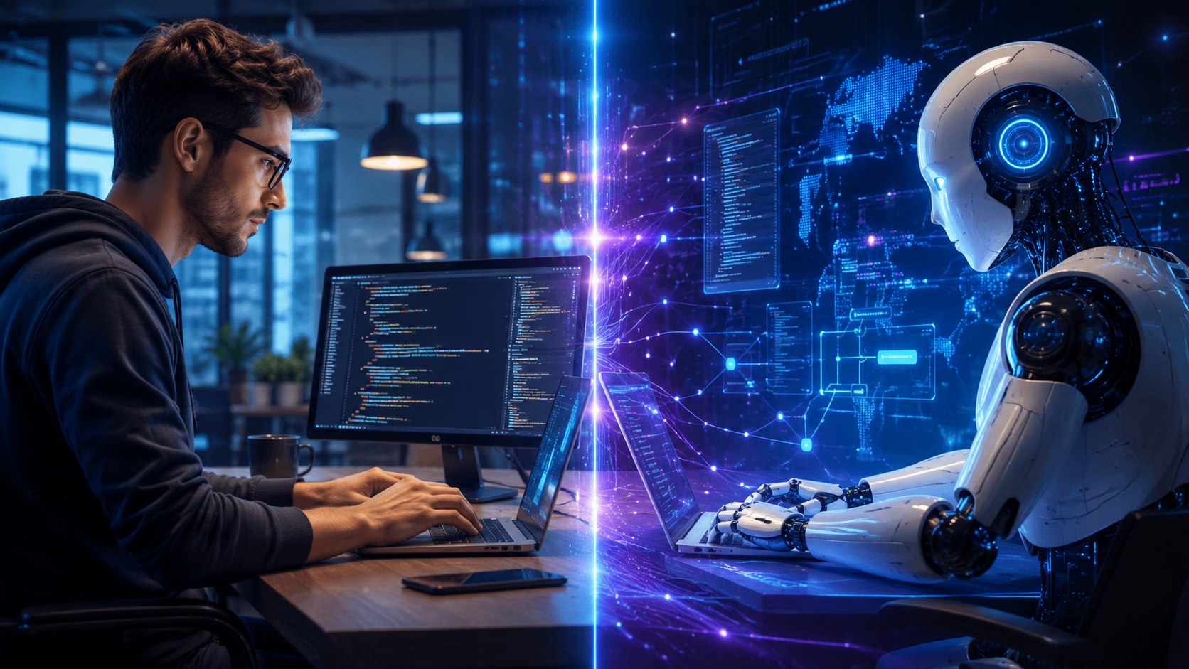 Human developer and AI developer working together on software code
