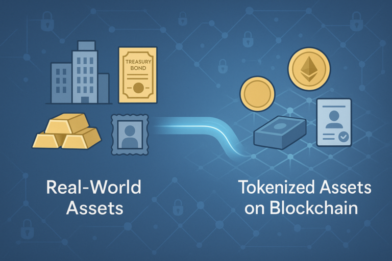 Real-world asset RWA tokenization on blockchain with digital tokens representing property, gold, and bonds