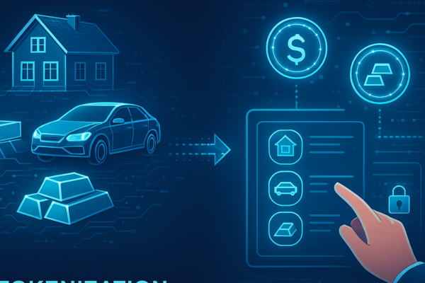 Illustration of real-world asset tokenization showing property and art converted into digital tokens on a blockchain