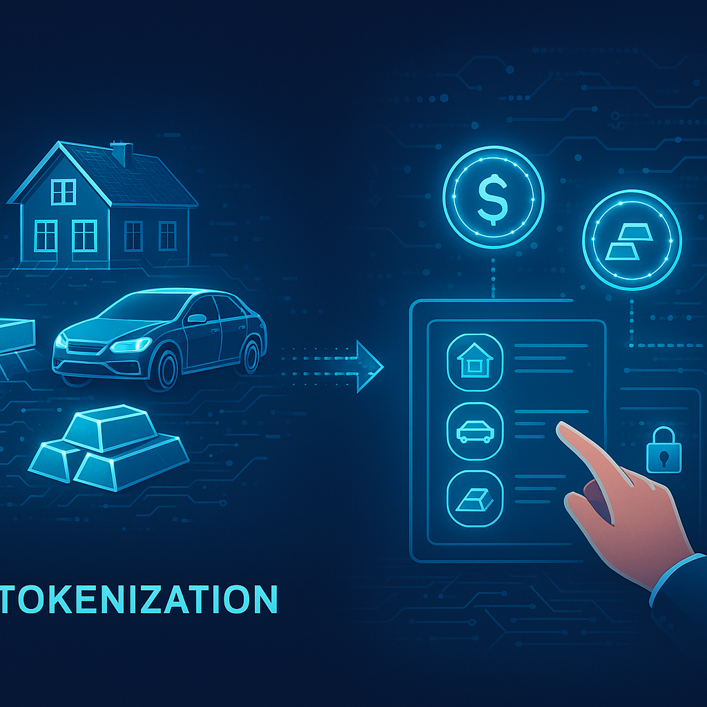 Illustration of real-world asset tokenization showing property and art converted into digital tokens on a blockchain
