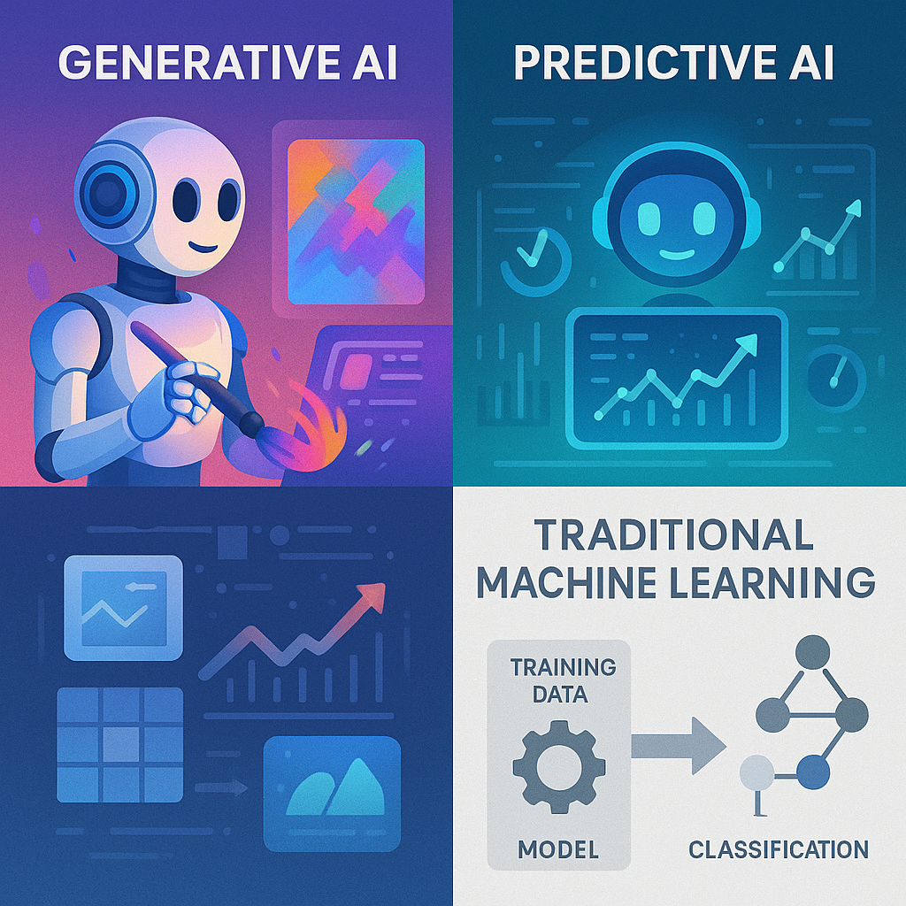 Comparison of Generative AI, Predictive AI, and Traditional Machine Learning types