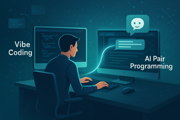 Developer using AI pair programming tools like GitHub Copilot and ChatGPT for vibe coding
