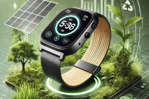 Eco-friendly wearable gadgets made from recycled materials displayed on a green background