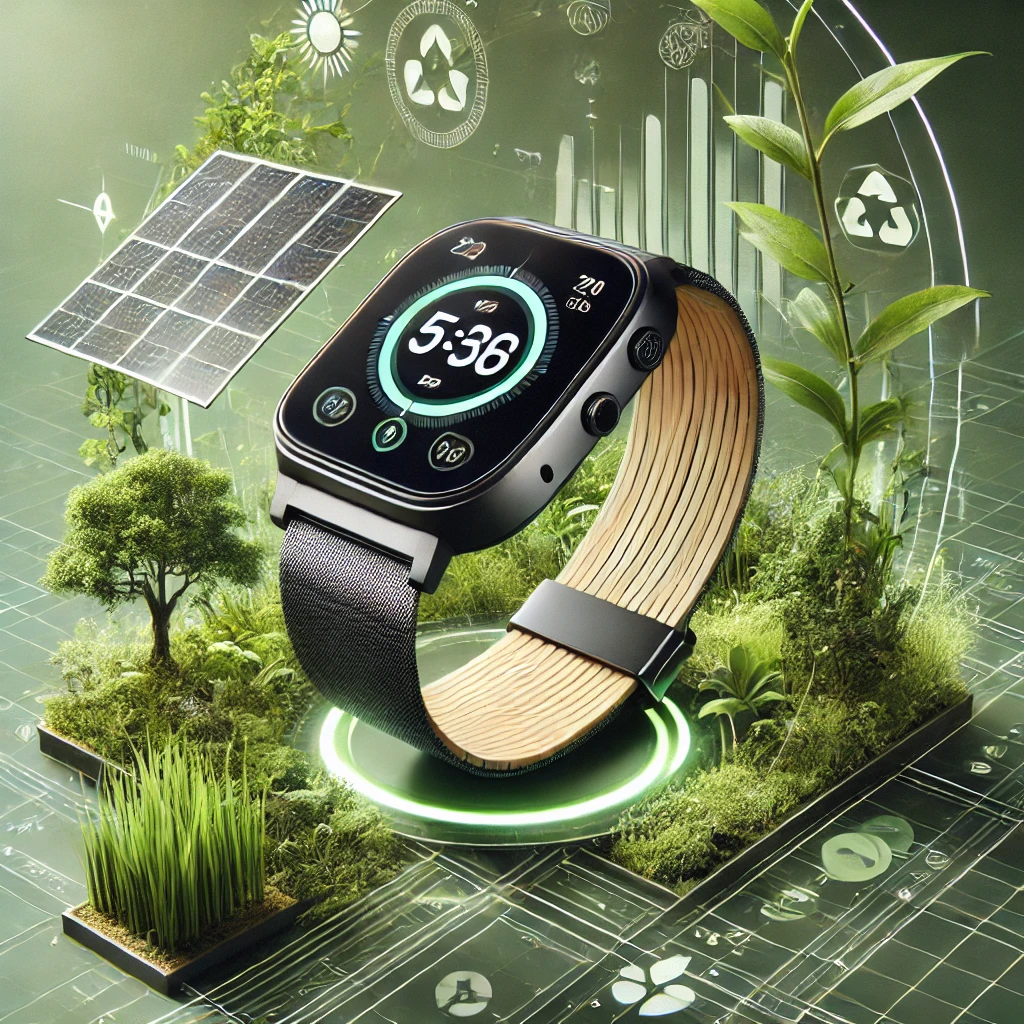 Eco-friendly wearable gadgets made from recycled materials displayed on a green background