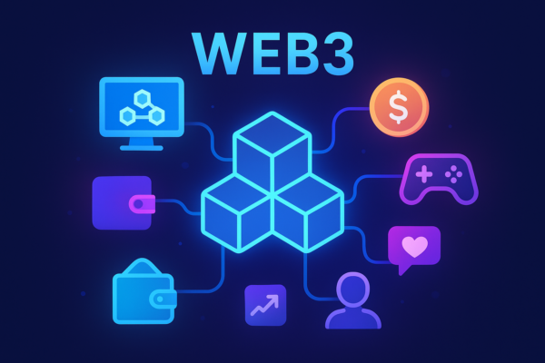 Web3 ecosystem diagram showing blockchain networks, smart contracts, DeFi, DAOs, and decentralized applications