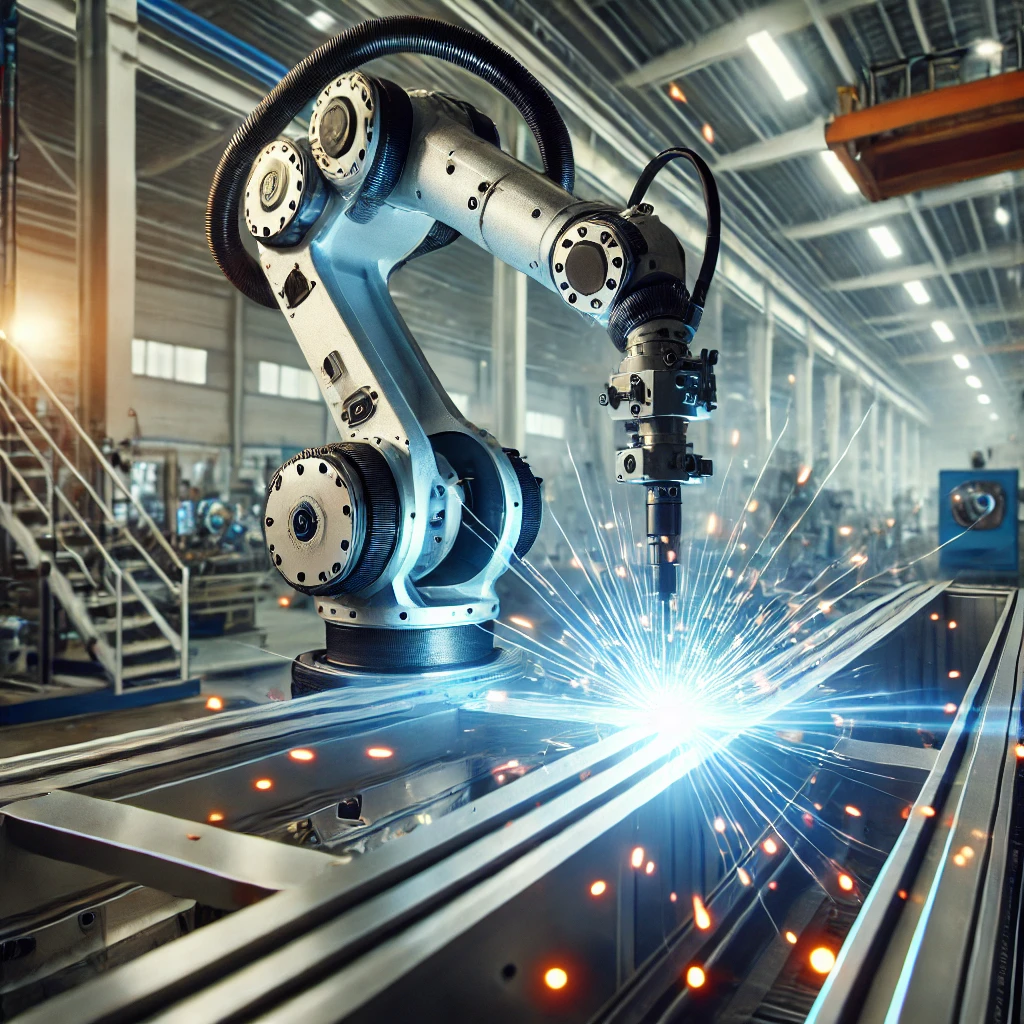 Robotic welding arm performing automated arc welding on a car body in a manufacturing plant