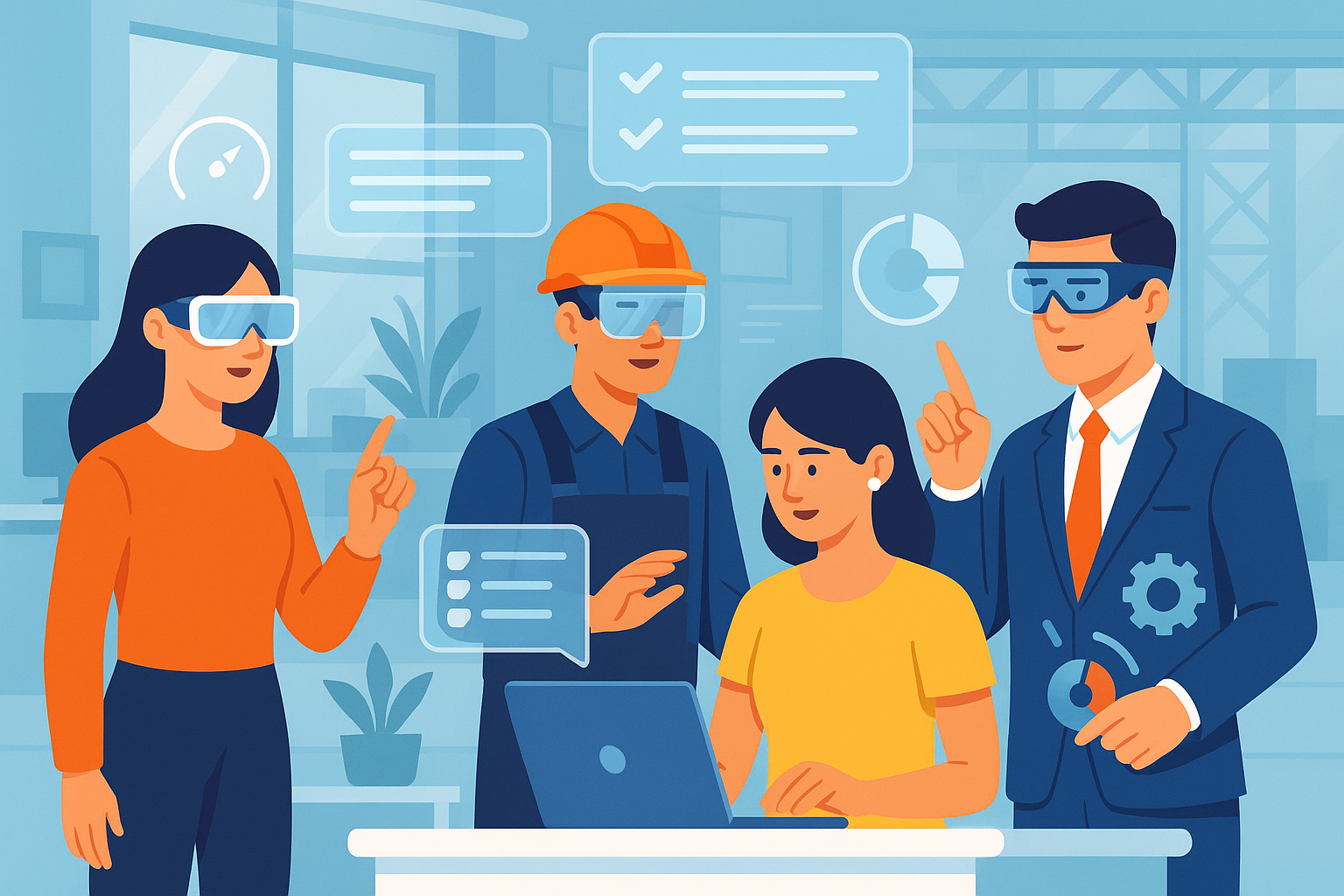 Worker wearing AR glasses and smart helmet on a job site using workplace wearable technology