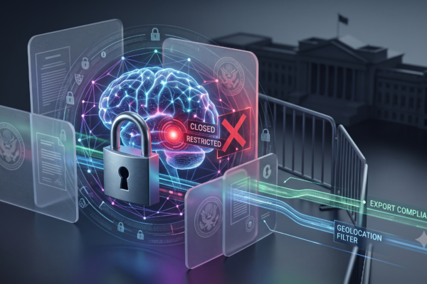 Conceptual illustration of AI technology under government export controls and regulation