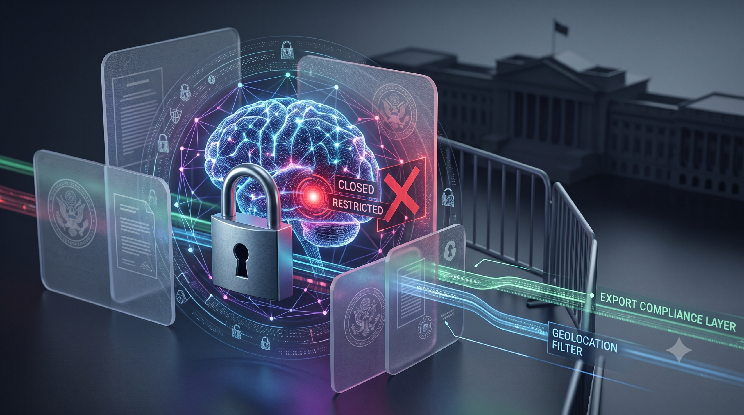 Conceptual illustration of AI technology under government export controls and regulation