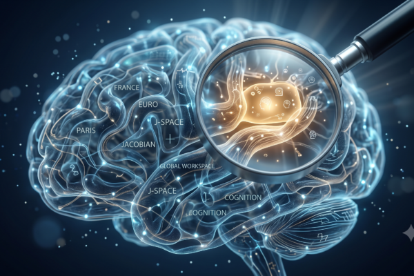 Conceptual illustration of an AI neural network with a glowing internal workspace representing Claude's J-space