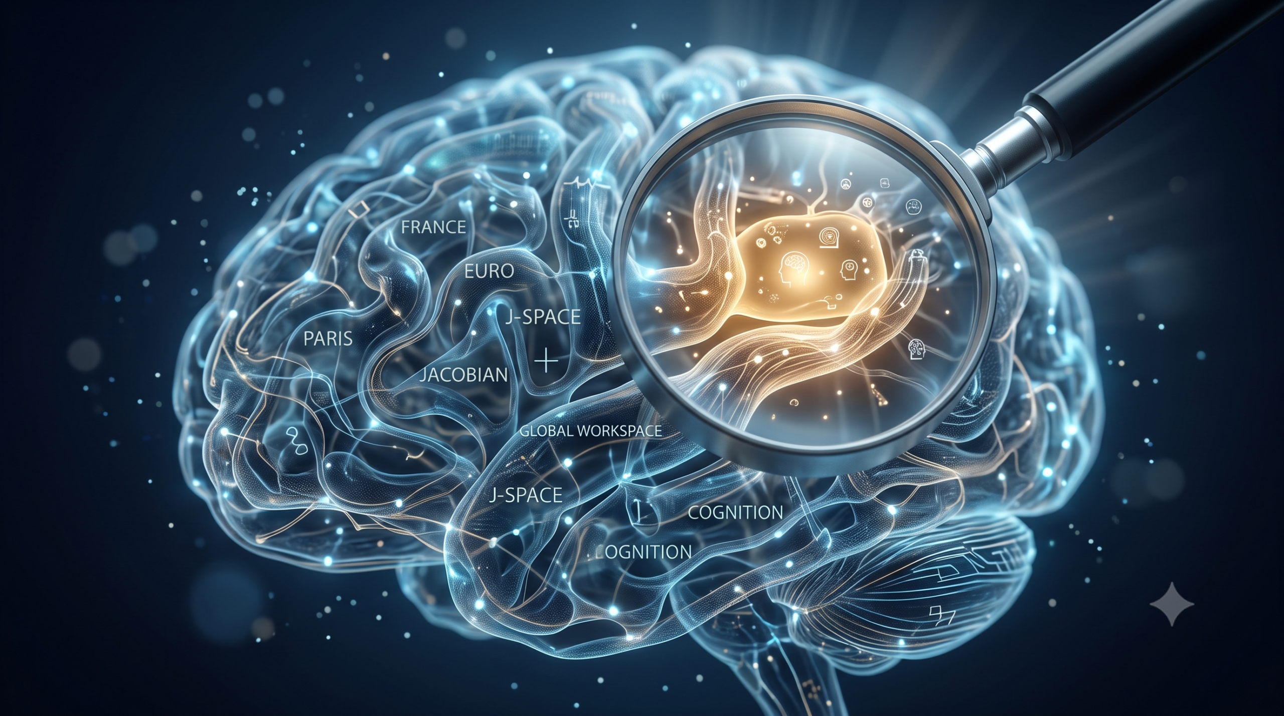 Conceptual illustration of an AI neural network with a glowing internal workspace representing Claude's J-space