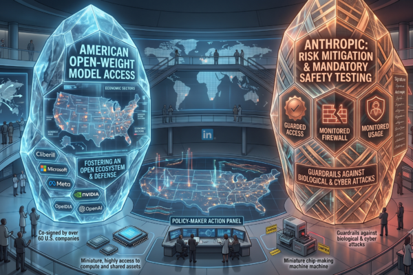 Illustration representing debate over open-weight AI models among tech companies