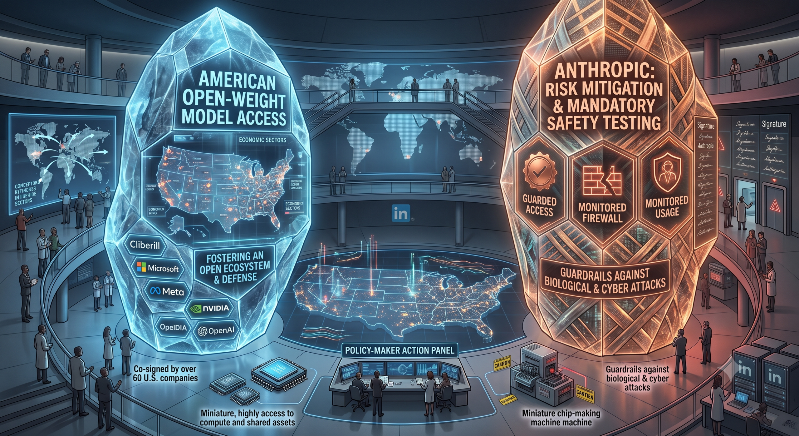 Illustration representing debate over open-weight AI models among tech companies