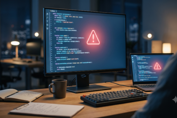 Developer workstation showing a warning screen symbolizing AI-related file deletion concerns