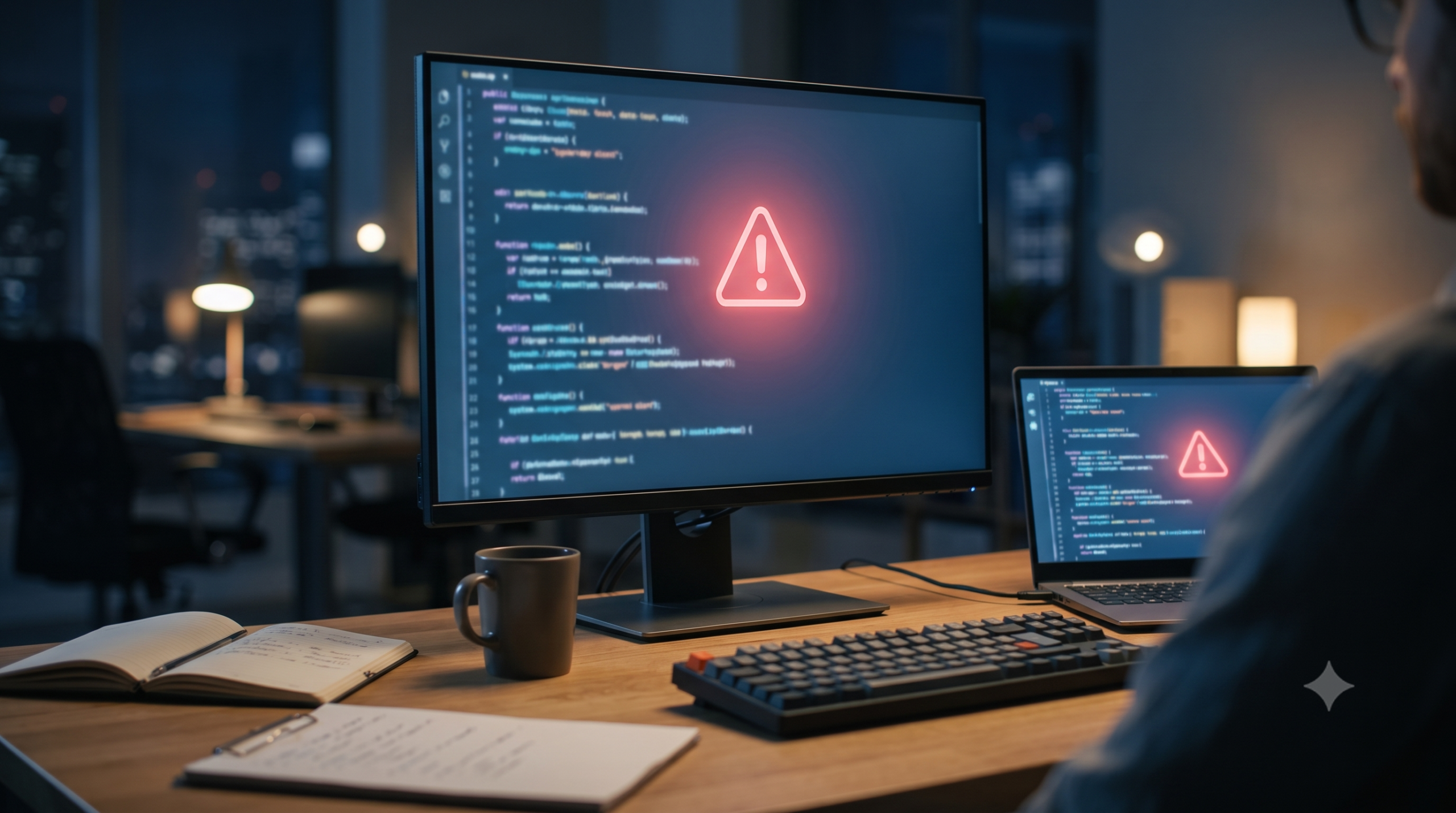 Developer workstation showing a warning screen symbolizing AI-related file deletion concerns