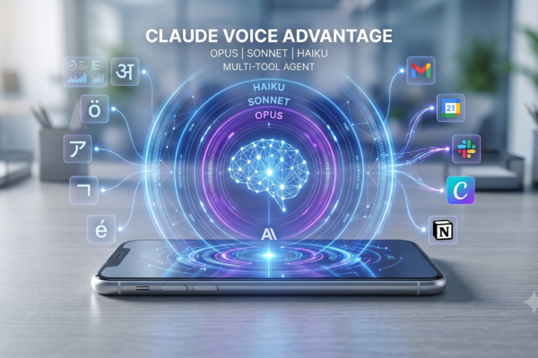 Smartphone screen showing an AI voice assistant interface representing Claude's updated voice mode