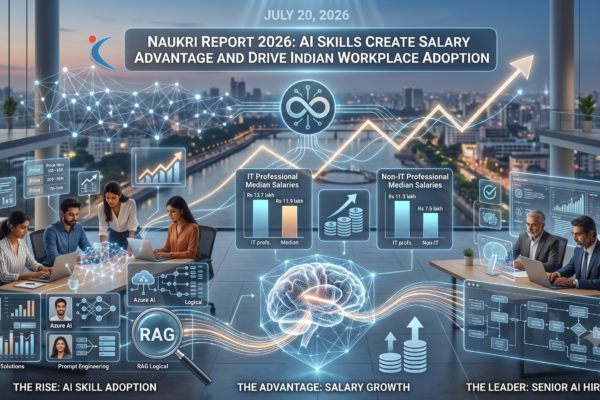 Indian office professionals working on laptops with abstract AI and data graphics representing workplace AI adoption