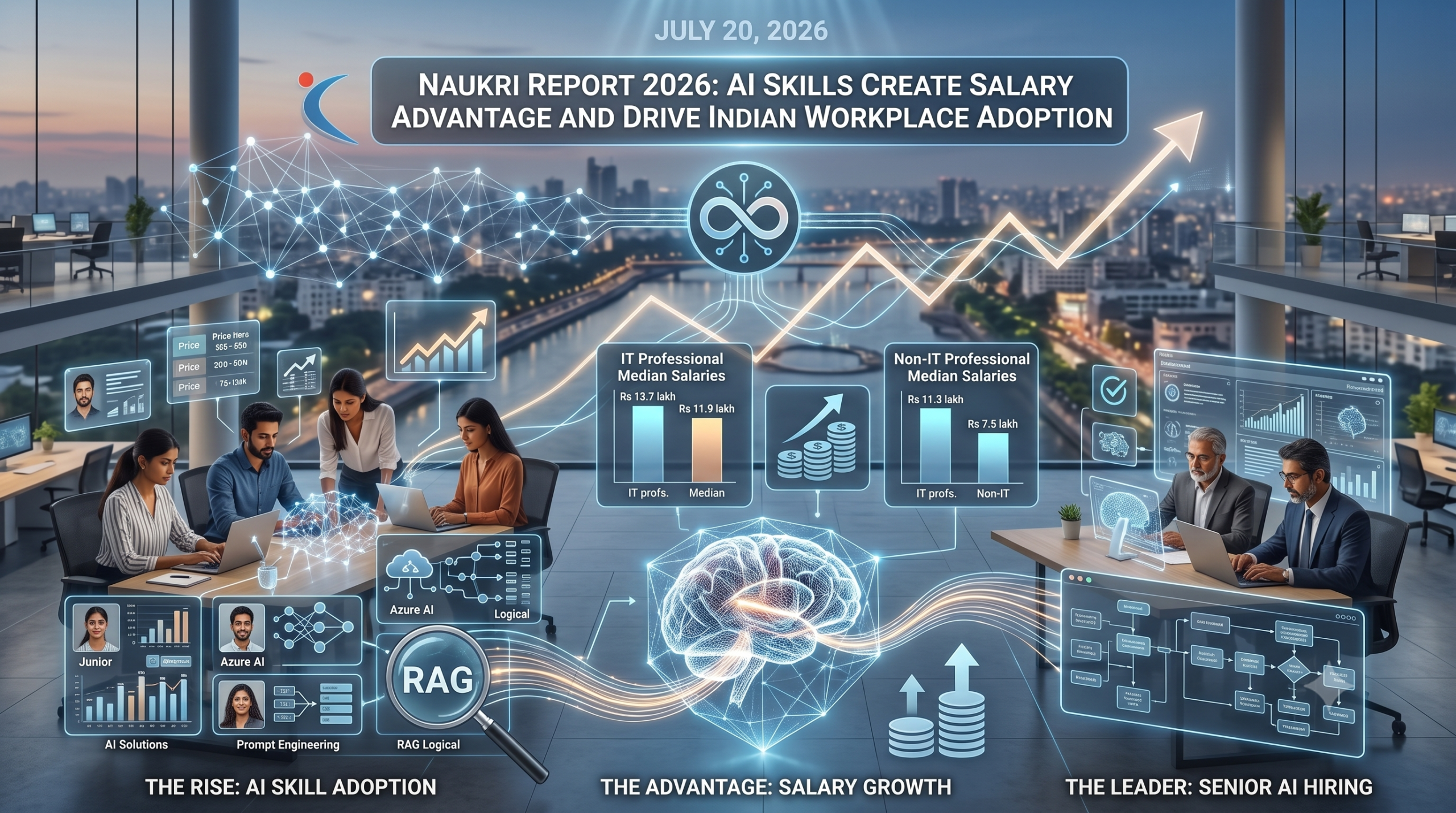 Indian office professionals working on laptops with abstract AI and data graphics representing workplace AI adoption