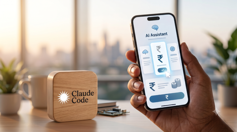 Smartphone showing an AI chatbot subscription screen with Indian rupee symbol representing Claude pricing in India