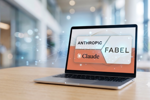 Laptop screen showing an AI chatbot interface representing Claude Fable 5 extended access for paid subscribers