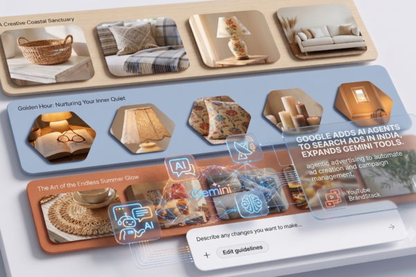 Concept of AI-powered digital advertising showing a smartphone with a chat interface and search results on screen