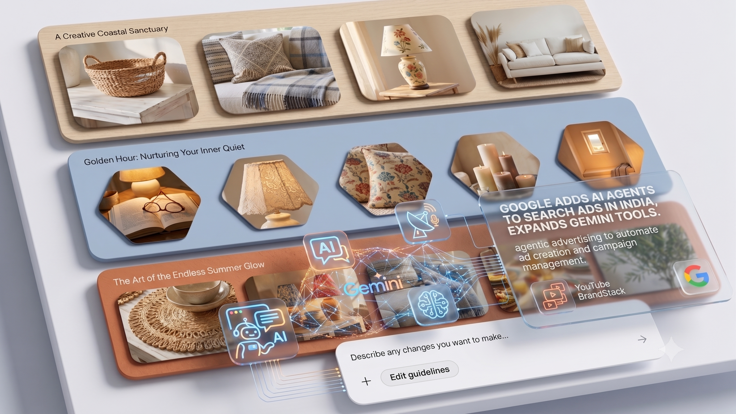 Concept of AI-powered digital advertising showing a smartphone with a chat interface and search results on screen