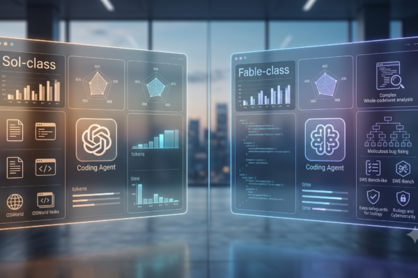 Two abstract AI systems represented as glowing data streams competing side by side on a digital benchmark scoreboard