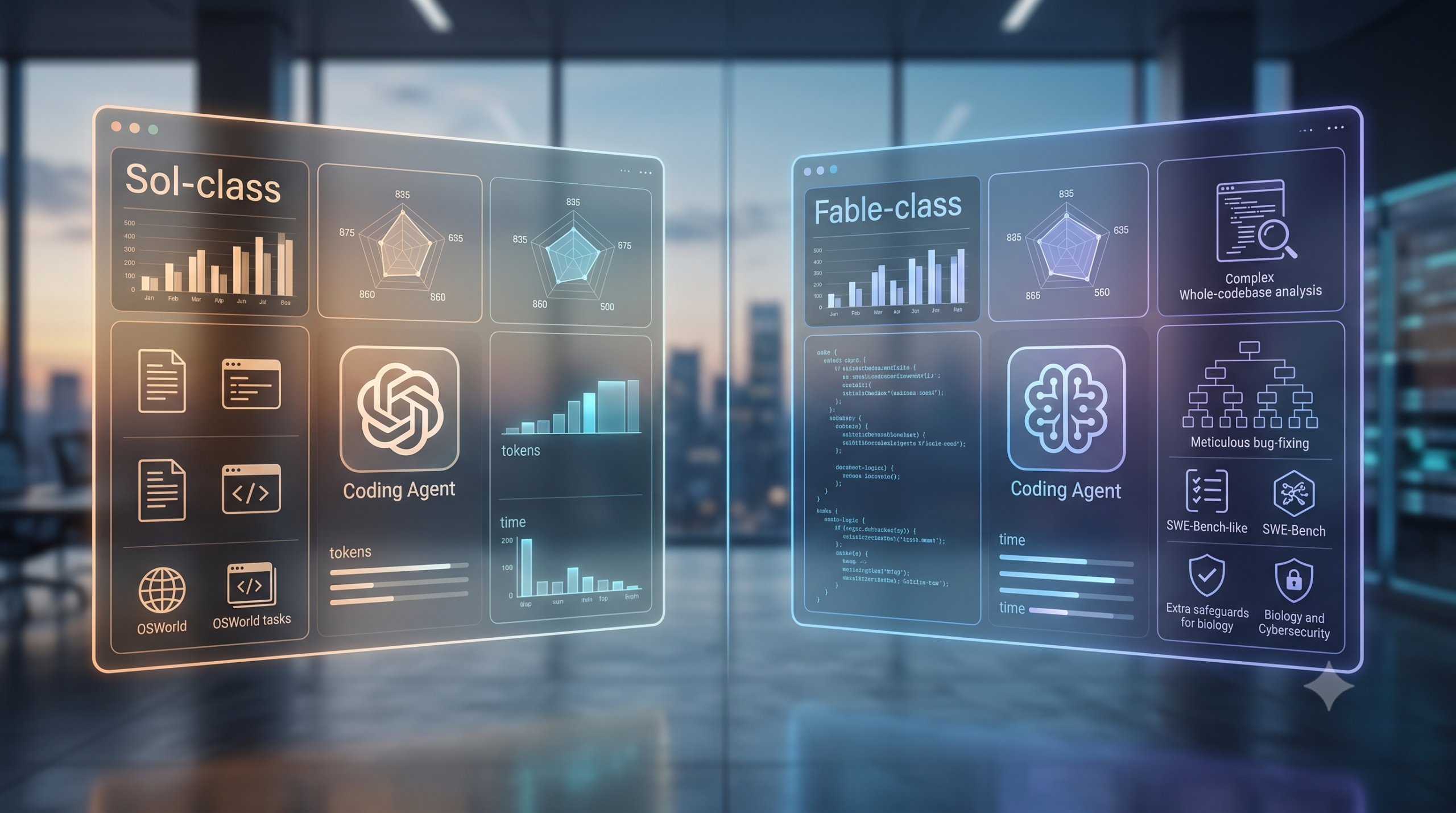 Two abstract AI systems represented as glowing data streams competing side by side on a digital benchmark scoreboard