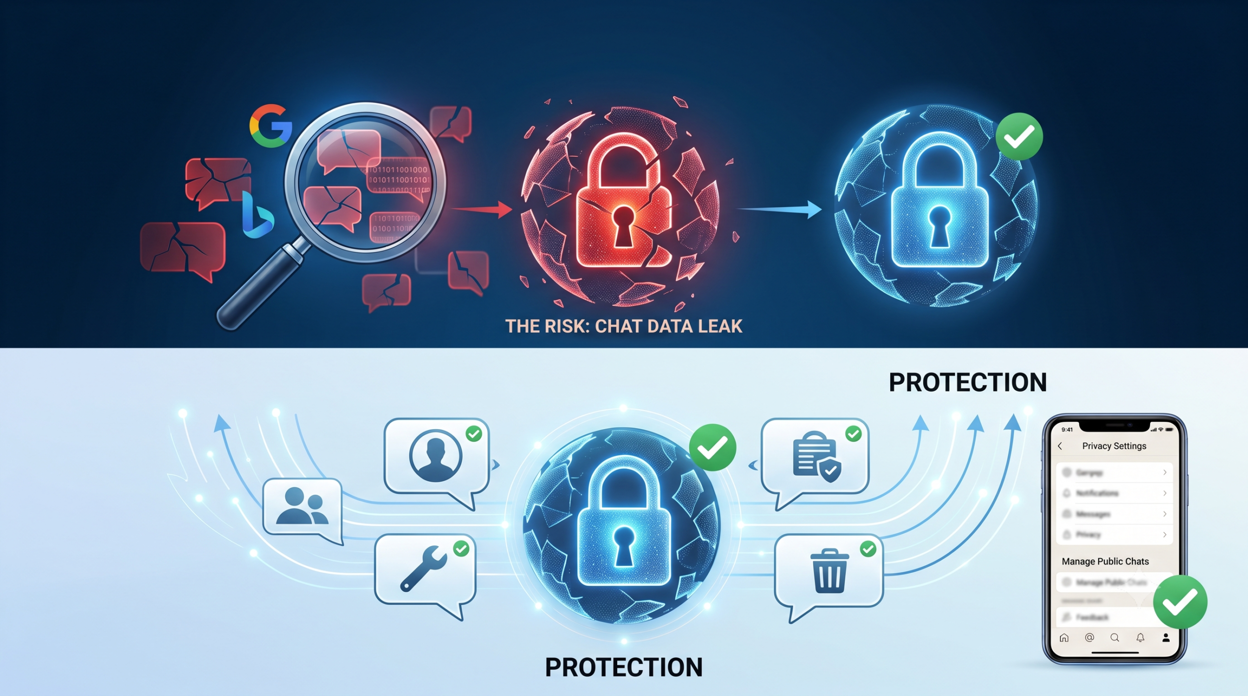 Illustration of digital privacy and data protection for AI chatbot conversations