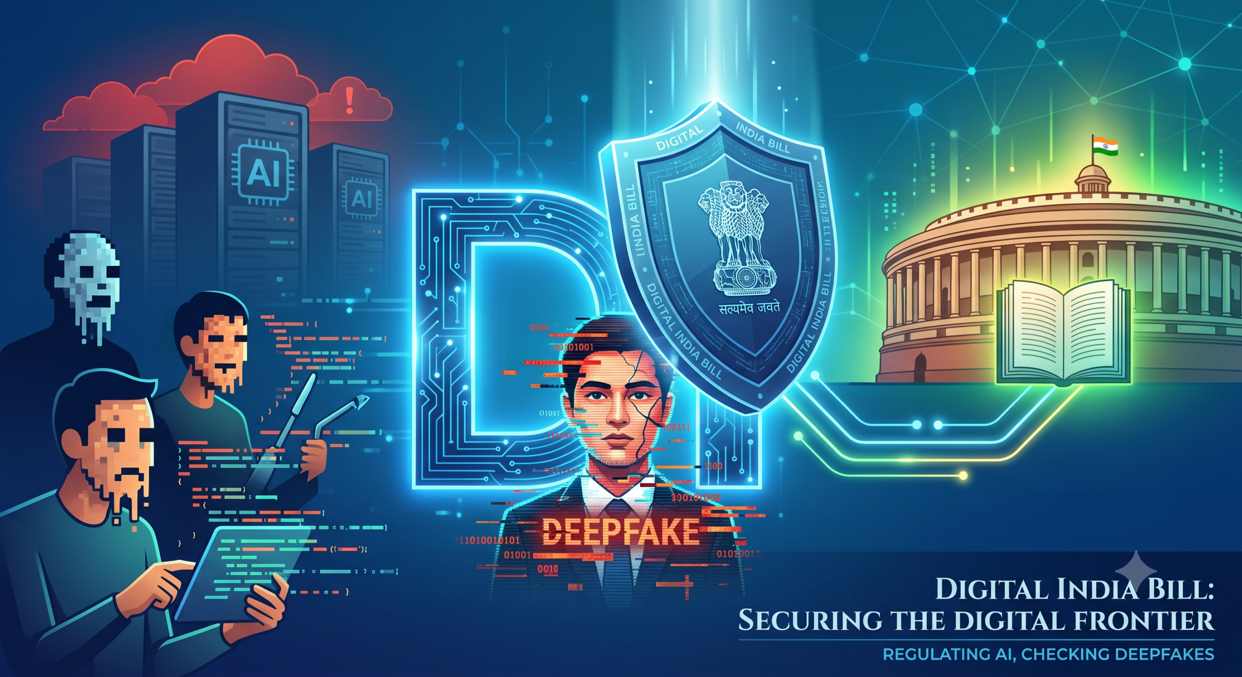 Illustration representing digital regulation and AI deepfake detection in India