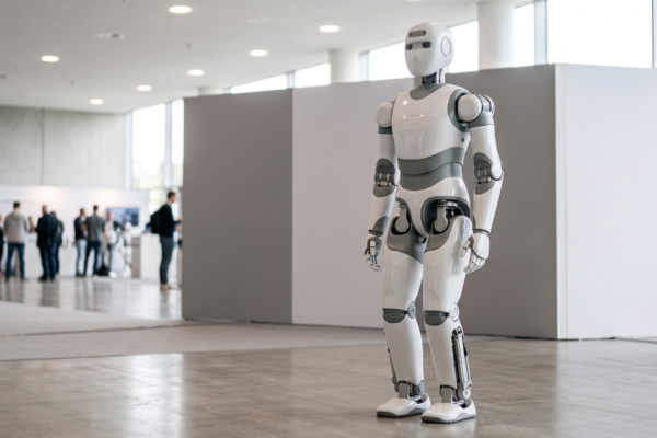 Advanced humanoid robot standing in a modern robotics showroom ahead of a major stock market listing in China