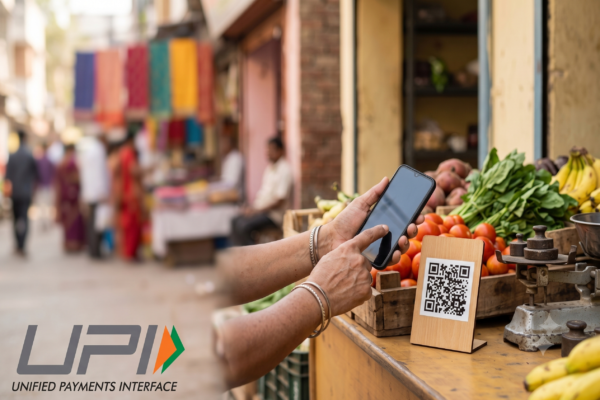 Person making a real-time digital payment with a smartphone at a small shop counter in India