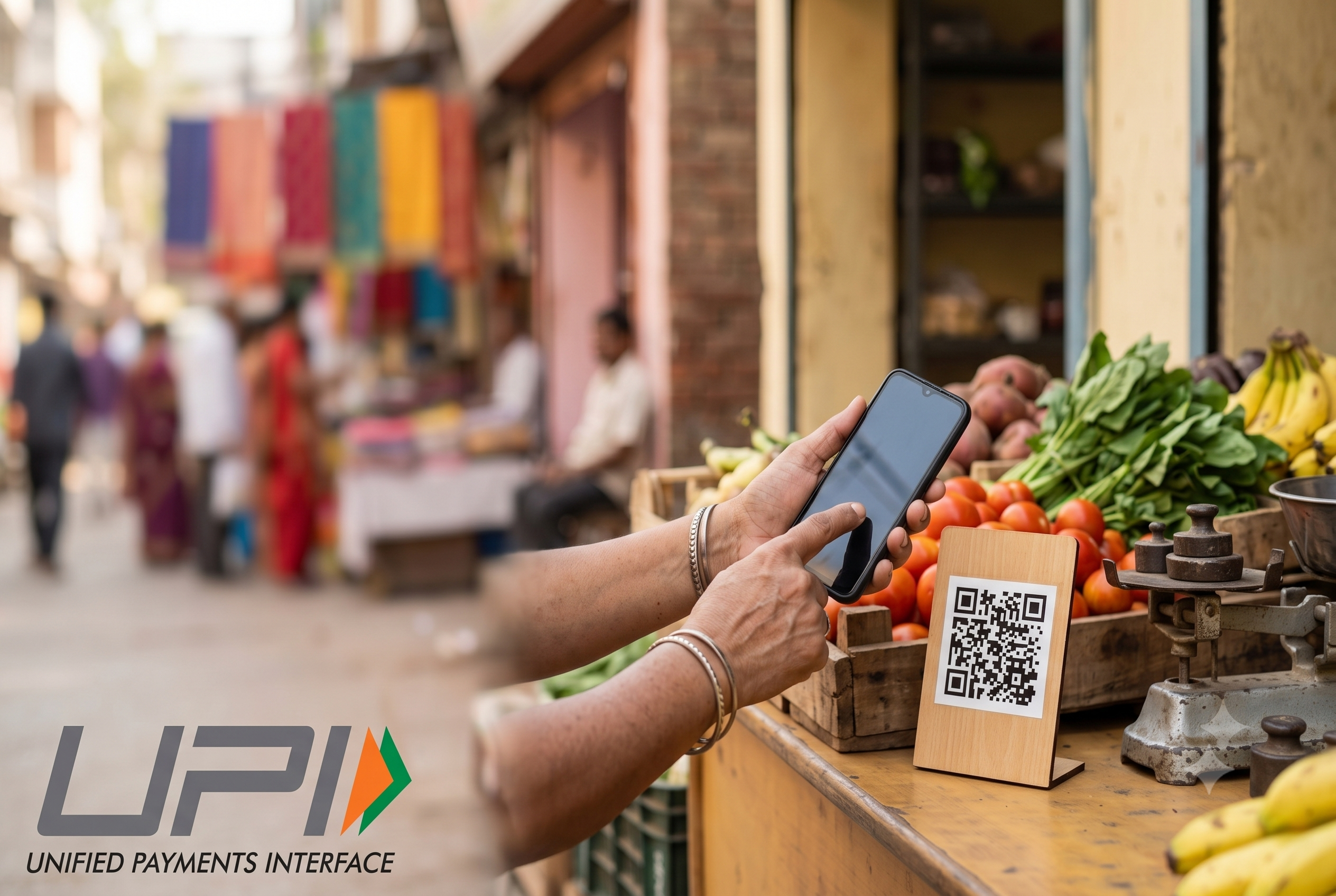 Person making a real-time digital payment with a smartphone at a small shop counter in India