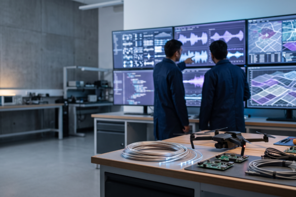 Engineers reviewing artificial intelligence sensor data on screens inside a modern defence technology research centre
