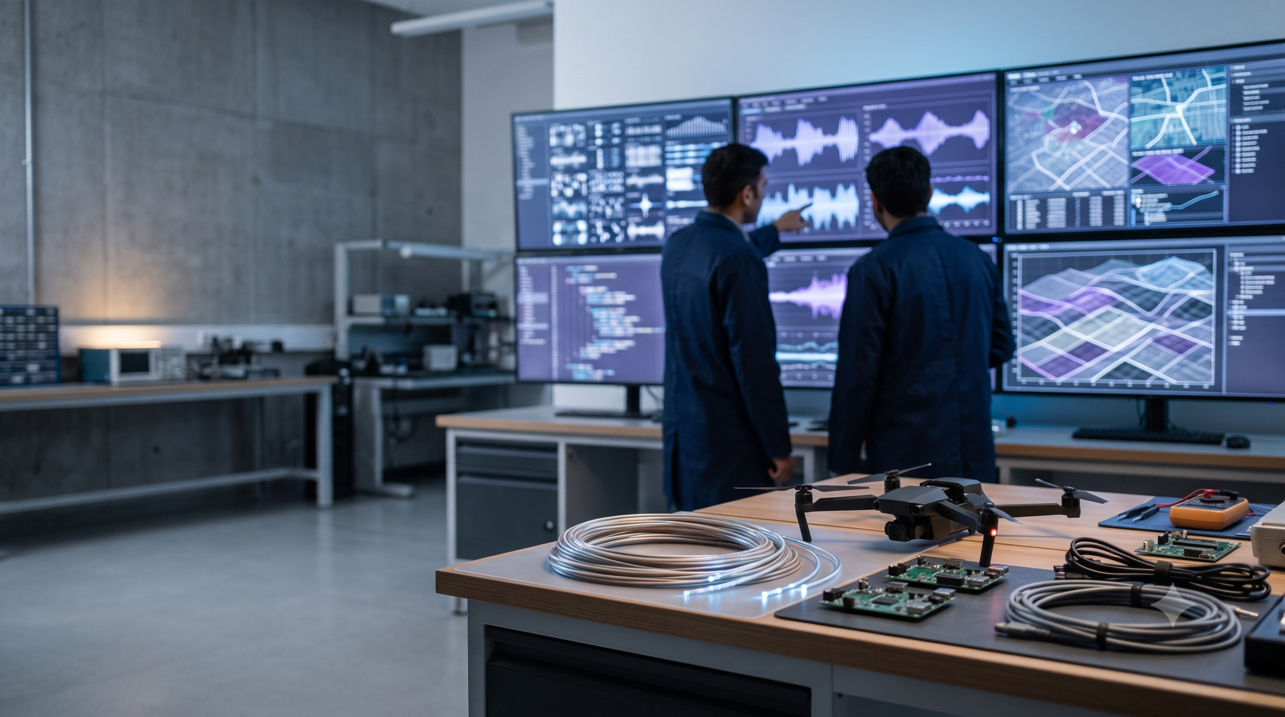 Engineers reviewing artificial intelligence sensor data on screens inside a modern defence technology research centre