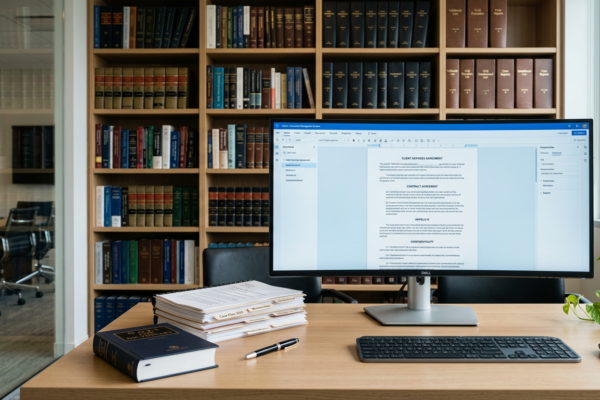 A lawyer at a desk using a laptop with Google Gemini AI interface displayed on screen in a modern law office