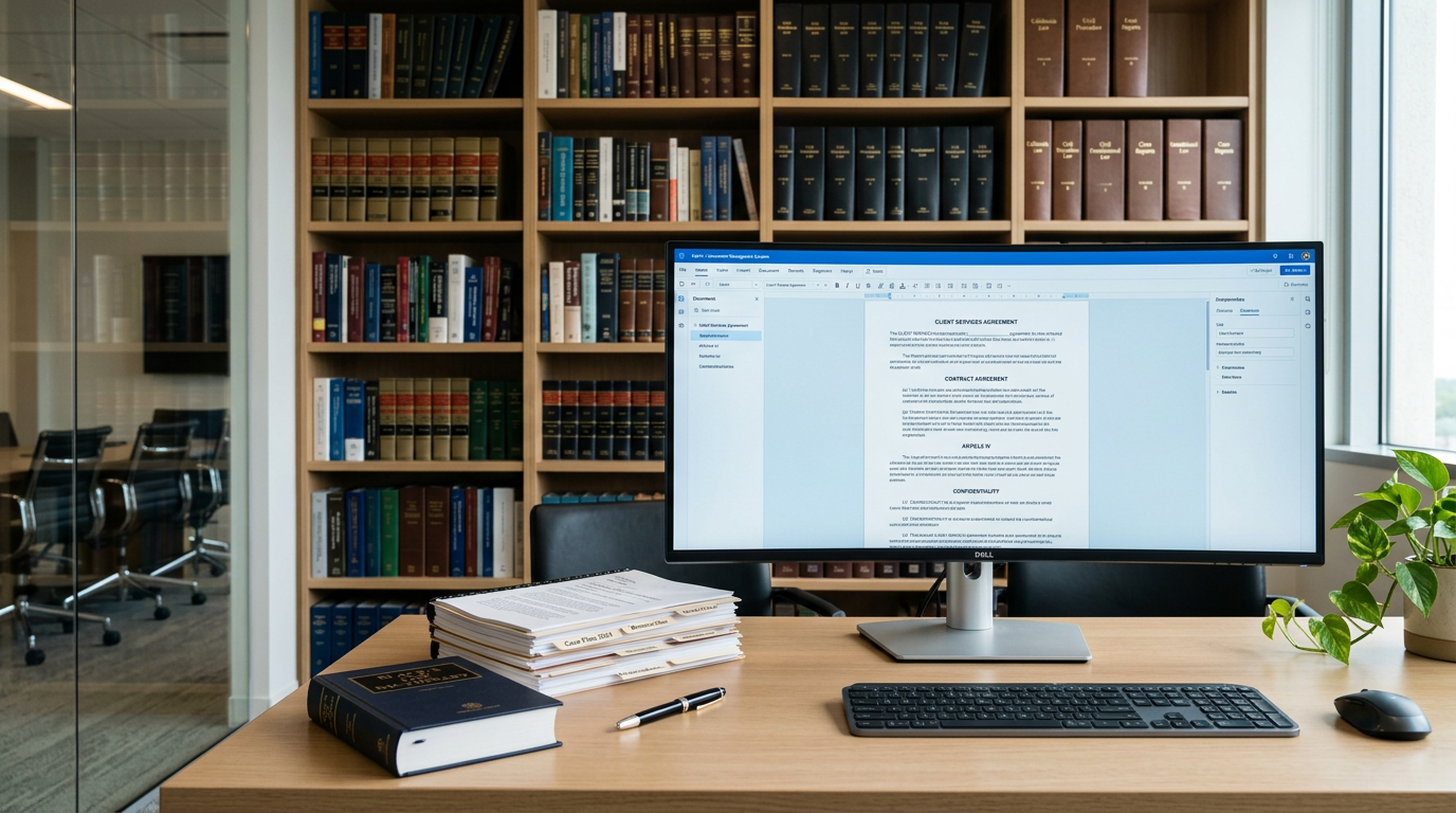 A lawyer at a desk using a laptop with Google Gemini AI interface displayed on screen in a modern law office