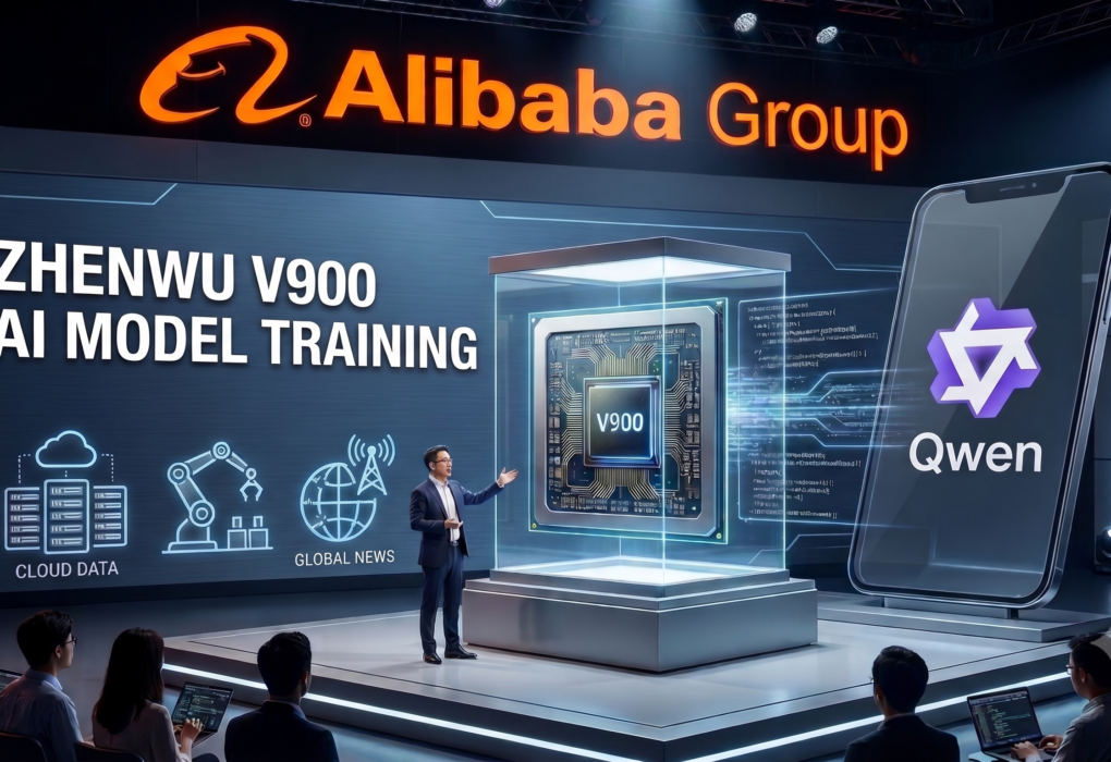Alibaba Group's Zhenwu V900 AI chip displayed at a technology event