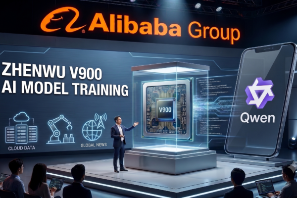 Alibaba Group's Zhenwu V900 AI chip displayed at a technology event