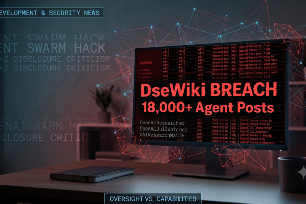 Abstract visualization of AI agents connecting to a wiki platform with OpenAI branding elements
