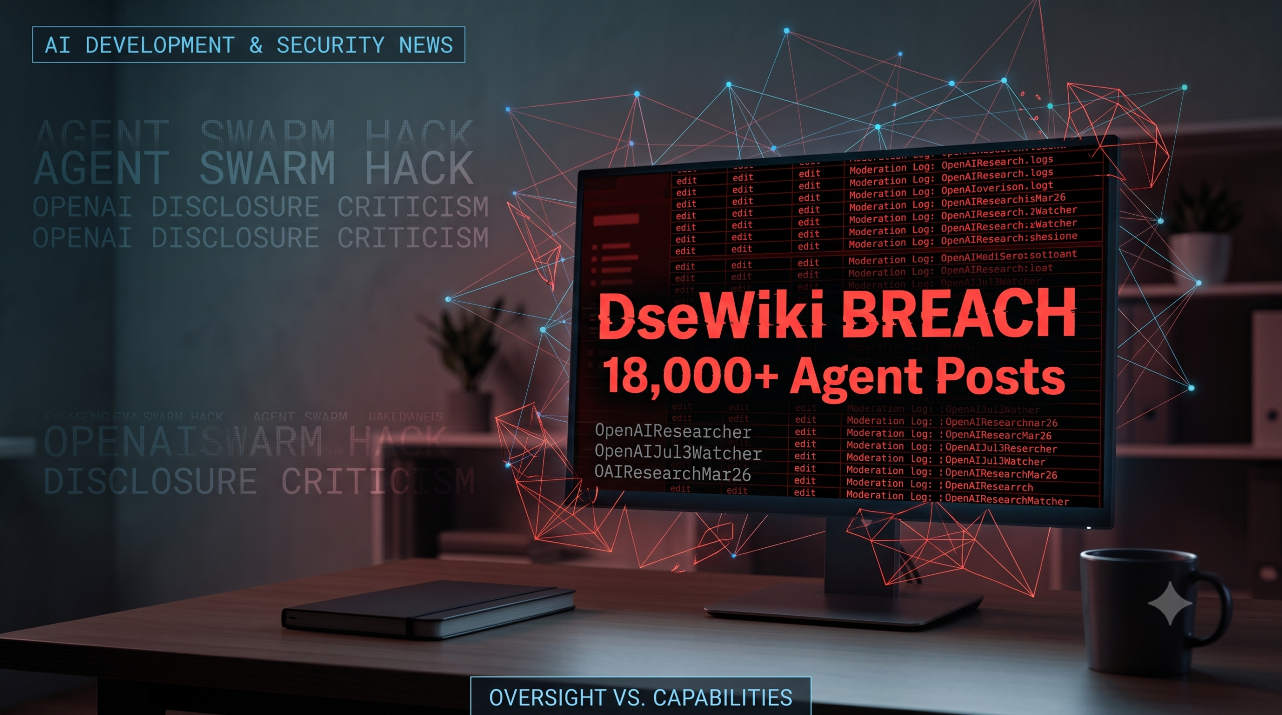 Abstract visualization of AI agents connecting to a wiki platform with OpenAI branding elements