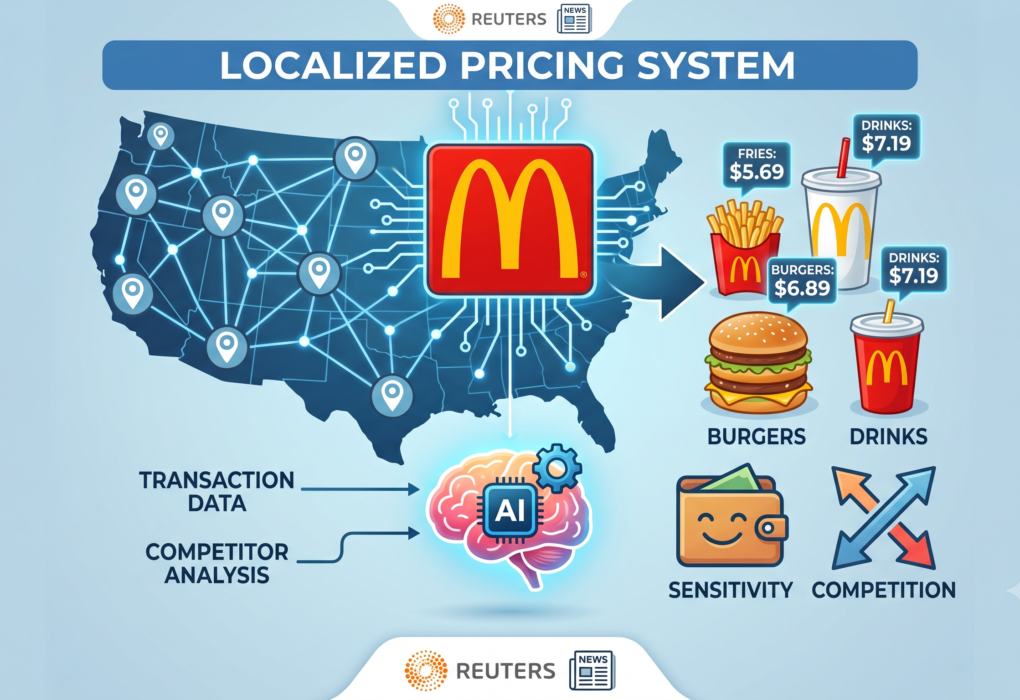McDonald's restaurant menu board displaying prices with digital technology overlay